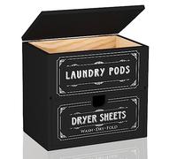 Beeveer Farmhouse Dryer Sheet Holder with Hinged Lid, Rustic Wooden Dryer Sheet Dispenser and Laundry Pods Container, Laundry Sheet Storage Box Fabric Softener Dispenser for Room Laundry Decor, Black