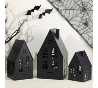 Beeveer Halloween Village Black Metal Houses Tabletop Decor Set of 3 Metal Pre-lit Halloween Haunted House Decor Sculpture Town Candle Lanterns for Parties & Events