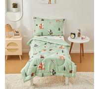 beeweed 4 Pieces Woodland Animal Toddler Bedding Set Boys Girls, 2 Sides Design Fox Bed in a Bag Comforter Set, Includes 1 Comforter, 1 Fitted Sheet, 1 Flat Sheet and 1 Reversible Pillowcase