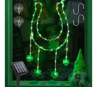 BEEWIN St Patricks Day Solar Lights Outdoor,12in 53 LED Lighted Horseshoe Shamrock St. Patrick's Day Decorations Window Lights,Hanging Green Light for Outside Indoor Tree Yard Garden Wall Door Glass