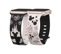 BEEXI 2 Packs Cartoon Engraved Compatible with Apple Watch Strap 41/40/38mm/42mm Women,Two-Tone Cute Soft Silicone Sport Strap for iWatch SE Series 10/9/8/7/6/5/4/3/2/1, Black&Starlight