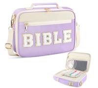 BEFIVECOK Bible Cover Case for Women, Large Preppy Chenille Letter Bible Bag with Shoulder Strap, Bible Carrying Tote Bags Christian Gifts for Women Girls Men, Suitable for Ages 6 and up (Purple)