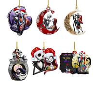 Before Christmas Tree Decorations, 6PCS Acrylic Cute Funny Jack and Sally Hanging, 2D Flat Ornaments Set for Halloween Christmas New Year Holiday and Car Interior, Winter Decor