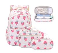 BEFUNIRISE School Backpack Kids Set Middle Elementary Preschool with Lunch Bag & Pencil Case Bookbags for Boys Girls, A-strawberry Beige, One size