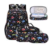 BEFUNIRISE School Backpack Kids Set Middle Elementary Preschool with Lunch Bag & Pencil Case Bookbags for Boys Girls, A-Car Black, One Size, School Backpack