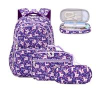 BEFUNIRISE School Backpack Kids Set Middle Elementary Preschool with Lunch Bag & Pencil Case Bookbags for Boys Girls, A-unicorn Purple, One size