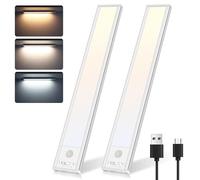 Befurglor 26cm Under Cabinet Kitchen Lights, 3 Color & Stepless Brightness, 4 Modes, Motion Sensor Light, 2000mAh Rechargeable LED Magnetic Strip Lights for Closet, Cupboard, Stair (2 Pack, Silver)