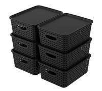 Begale Set of 6 Plastic Storage Baskets with Lids, Plastic Woven Storage Basket Bins, Stackable Lidded Storage Bins for Bathroom, Classroom, Black