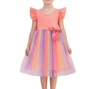 Beganly Girls Tulle Dress Toddler Ruffle Sleeves Bow Princess Party Casual Tutu Dresses Rainbow Pink 130