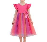 Beganly Girls Tulle Dress Toddler Ruffle Sleeves Bow Princess Party Casual Tutu Dresses Rainbow Rose 140