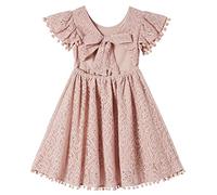 Beganly Toddler Girls Lace Dress Baby Kids Tie Back Bow Pom Pom Ruffle Sleeve Backless Party Princess Dresses Dusty Pink 80