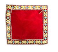 Beghal Elegant Red Yellow & Green thread Embroidered Small Square Pooja Cloth with Stone Work - Perfect for God Idols & Religious Books 28 x 28cm