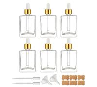 BEGIKET 6 Pack 1.7oz Clear Square Glass Dropper Bottles, 50ml Empty Square Perfumes Bottles with Eye Droppers, for Essential Oils,Liquids, Tincture Bottle (Clear -Golden Cap)