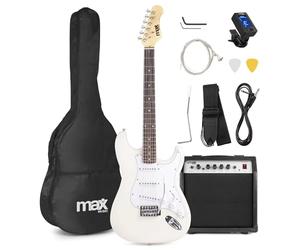 Beginner Electric Guitar & 40W Amp Package - Max GIGKIT White Complete S-Style Starter Set with Accessories, AUX Input, Headphone Output & Free Lessons Included