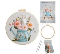 Beginner Embroidery Kit for Adults and Kids, Complete Starter Set with Step-by-Step Instructions, Hoop, Threads and Patterns to Learn Easy DIY Embroidery for the First Time (Bunny & Watering Can)