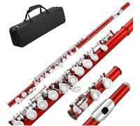 Beginner Flute Closed Hole C Flute 16 Keys Instrument For Student Beginners With Kit Stand Carrying Case Gloves And Tuning Rod(Red)