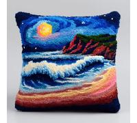 Beginner-Friendly Latch Hook Cushion Kit,Quick & Easy DIY Yarn Craft for Adults & Kids,Step-by-Step Pillow Making Set,17x17 in,Moonlight at Sea View