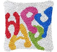 Beginner Latch Hook Kits Happy Letters Pillow Printed Canvas DIY Rug Making Kits Cushion Crochet Yarn Needlework Hook Latch Kit Pillowcase Cover Christmas Home Sofa Decoration 43x43cm