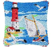 Beginner Latch Hook Kits Lighthouse,Seagull Set Sofa Cushion Cover Latch Hook Carpet Rug Woolen Yarn Needlework Pillowcase Craft Kits with Printed Canvas for Beginners 43 x 43cm