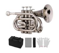 Beginner Trumpet Mini Pocket Trumpet Bb Brass Wind Instrument Glove Carrying Case Professional Musical Instrument Trumpet(Silver)
