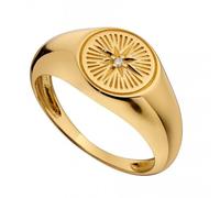 Beginnings Yellow Gold Plated Diamond Cut Design Signet with Zirconia Ring - Size 54 - Sterling Silver / Gold Plated