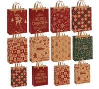 BEGKYA 12PCS Christmas Kraft Gift Bags, Large/Small Different Sizes Christmas Paper Bags for Presents Set, Recycled Xmas Gift Bags With Handles, Wrapping Party Bags Multipack for Kids With 8 Designs