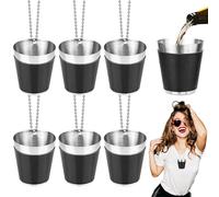 Begpoee 6 Pieces 30ml Shot Glasses for Hanging, Shot Glasses Stainless Steel, Shot Glass with Chain, for Wedding Parties, Birthday Parties, Bachelorette Parties(4.2 x 3.7 cm, Black + Silver)