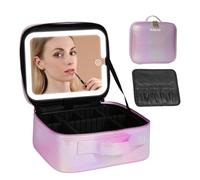 Behaesty Travel Makeup Bag with LED Lighted Mirror, Cosmetic Makeup Organizer Bag with 3 Color Setting, Makeup Train Case with Adjustable Dividers for Women Makeup Brushes, Iridescent Purple, Morden