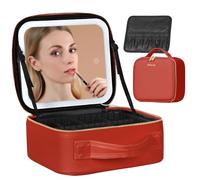 Behaesty Travel Makeup Bag with LED Lighted Mirror, Cosmetic Makeup Organizer Bag with 3 Color Setting, Makeup Train Case with Adjustable Dividers for Women Makeup Brushes Jewelry Accessories, Wine