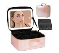 Behaesty Travel Makeup Bag with LED Lighted Mirror, Cosmetic Makeup Organizer Bag with 3 Color Setting, Makeup Train Case with Adjustable Dividers for Women Makeup Brushes, Iridescent Pink, Morden