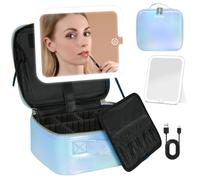Behaesty Travel Makeup Bag with LED Lighted Mirror, Cosmetic Makeup Organizer Bag with 3 Color Setting, Makeup Train Case with Adjustable Dividers for Women Makeup Brushes, Iridescent Blue, Morden