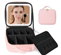Behaesty Travel Makeup Bag with LED Lighted Mirror, Cosmetic Makeup Organizer Bag with 3 Color Setting, Makeup Train Case with Adjustable Dividers for Women Makeup Brushes Jewelry Accessories, Pink,
