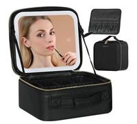 Behaesty Travel Makeup Bag with LED Lighted Mirror, Cosmetic Makeup Organizer Bag with 3 Color Setting, Makeup Train Case with Adjustable Dividers for Women Makeup Brushes Jewelry Accessories, Black,