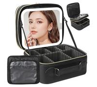 Behaesty Travel Makeup Bag with LED Mirror Double Layer, Detachable Vanity Mirror with Lights, Tri-light Dimmable, Makeup Case with Adjustable Dividers and Brush Holder Cosmetic Organizer Storage Box,