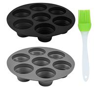 BEHAHAI 2pcs Silicone Muffin Pans with Brush,7 Cup Bun Tray Round Non Stick Baking Mould Air Fryer Cake Molds Cups Cupcake Moulds for Yorkshire Pudding Baking（Black,Grey）