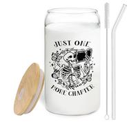 BEHIFL Book Lovers Gift Ideas - Funny Skeleton Glass Cup with Lids and Straws 14oz, Book Club Gifts, Bookish Gifts, Just One More Chapter Glass Coffee Tumbler Drinking Jars with Cleaning Brush