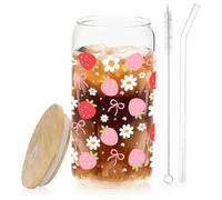 BEHIFL Coquette Pink Bow Strawberry Glass Cup with Lids and Straws 14oz, Cute Girly Daisy Floral Strawberry Aesthetic Glass Coffee Tumbler Drinking Jars with Cleaning Brush, Coquette Preppy Stuff