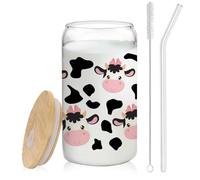 BEHIFL Cute Cow Glass Cup Gifts with Lids and Straws 14oz, Cow Print Gifts for Cow Lovers, Cow Print Stuff Glass Coffee Tumbler Drinking Jars with Cleaning Brush