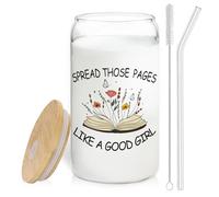 BEHIFL Floral Book Glass Cup with Lids and Straws 14oz, Book Lover Reader Bookworm Gifts, Spread Those Pages Like a Good Girl Glass Coffee Tumbler Drinking Jars with Cleaning Brush