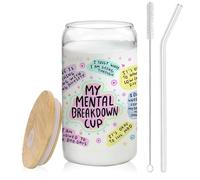 BEHIFL Positive Mental Health Gifts - My Mental Breakdown Cup Glass Cup with Lids and Straws 14oz, Inspirational Daily Affirmations for Women, Glass Coffee Tumbler Drinking Jars with Cleaning Brush