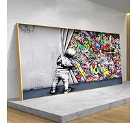 Behind The Curtain Canvas Paintings Graffiti Street Art Banksy Graffiti Art Wall Art Pictures for Home Decor Ready to Hang 70x140cm(28''x55') Black Frame