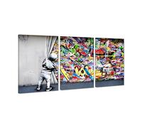 Behind The Curtain Canvas Prints Banksy Graffiti Wall Art Paintings Pop Art Colorful Posters Stretched Pictures for Living Room Modern Home Decor Framed Ready to Hang - 72” x 36”