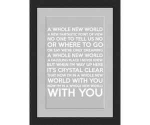 Behind The Glass Whole New World Framed Lyrics - Grey - A4 Black Frame - Great Valentine's Gift
