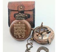BEHINDE You Engraved Sundial Compass with Leather Case. Personalized Brass Pocket Compass Gifts for Men, Him, Son