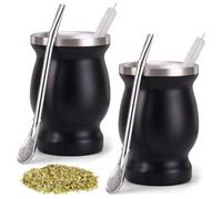 Behogan 2 Piece Mate Mug: Mate Tea Mug Set with Spoon and Cleaning Brush, Double-Walled Stainless Steel Cup for Coffee, Milk and Juice (Black)