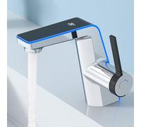 Behogan Faucet Bathroom with LED Temperature Display Bath Faucet, Brass Basin Fitting, Mixer Tap for Bathroom with Spout Height 130mm, Electric Plated Silver Tone