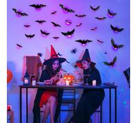 Behogan LED Bat Halloween Decoration: 24 Pieces Purple Bat Stickers Set, Wall Stickers, 3D Bat Wall Stickers with Battery, for Indoor and Outdoor Decoration