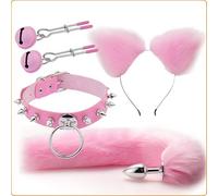 BeHorny Bondage Set, Kitty Cat Collar, Ears, Butt Plug Tail, Nipple Clamps
