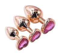 BeHorny Butt Plug Rose Gold Metal Anal Plug Set (3 Sizes) with Heart-Shaped Pink Gem Base