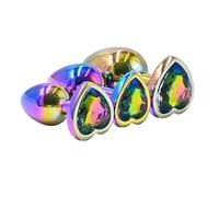 BeHorny Butt Rainbow Metal Anal Plug Set (3 Sizes) with Heart-Shaped Gem Base
